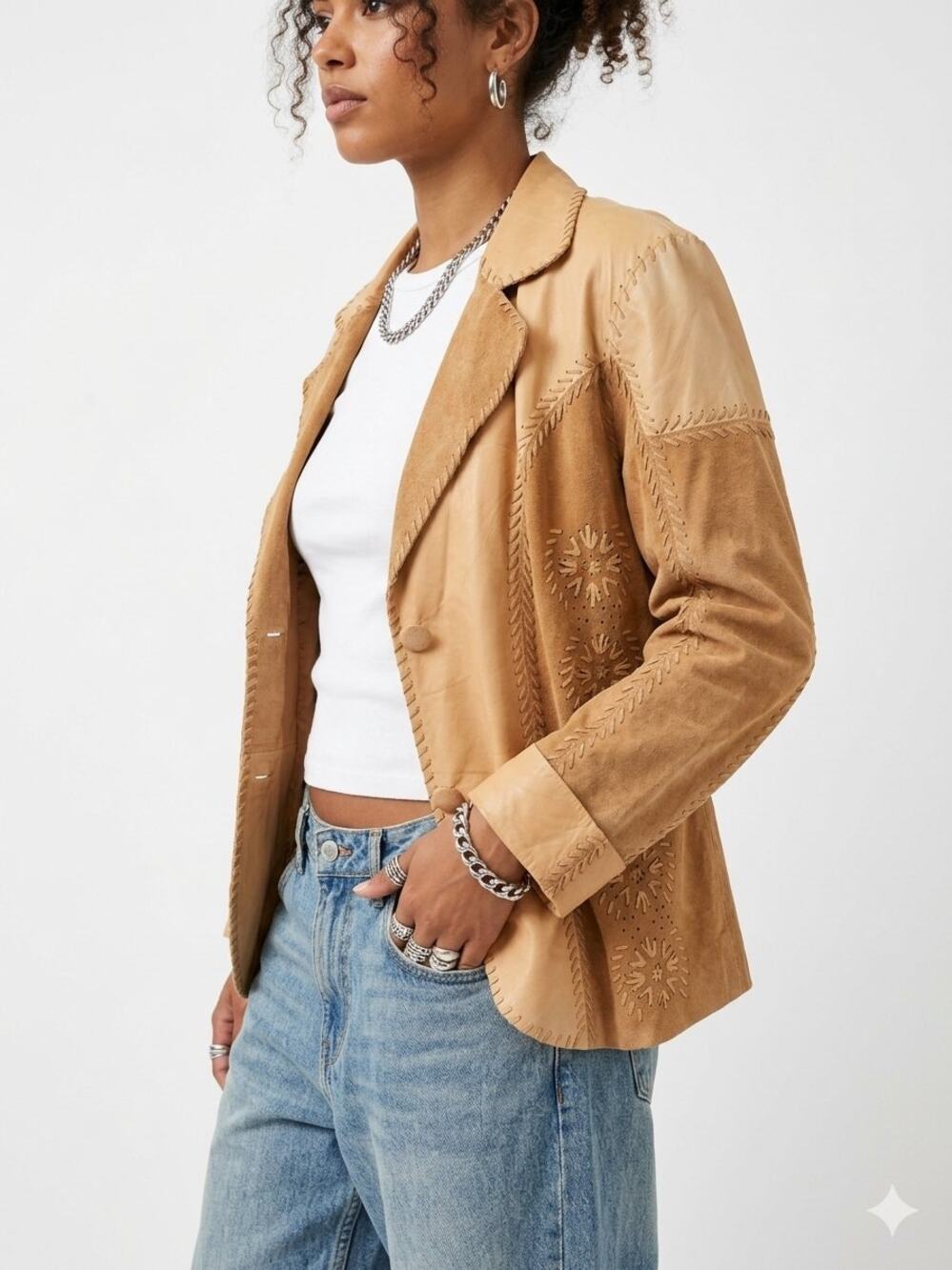 Vintage 3B West Leather Suede Patchwork Western Blazer Jacket Camel Boho